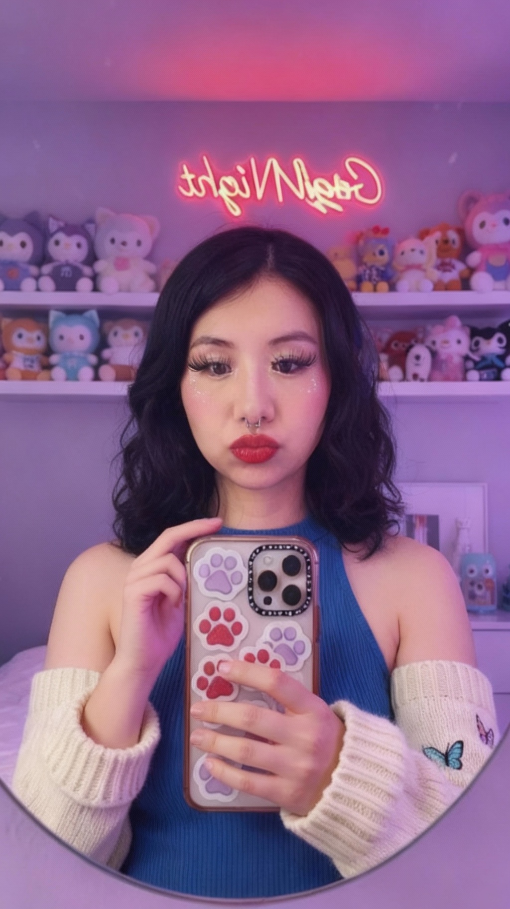 Storyboard 1: Girl holding phone steady in selfie position, looking at phone screen, normal human appearance, gentle breath