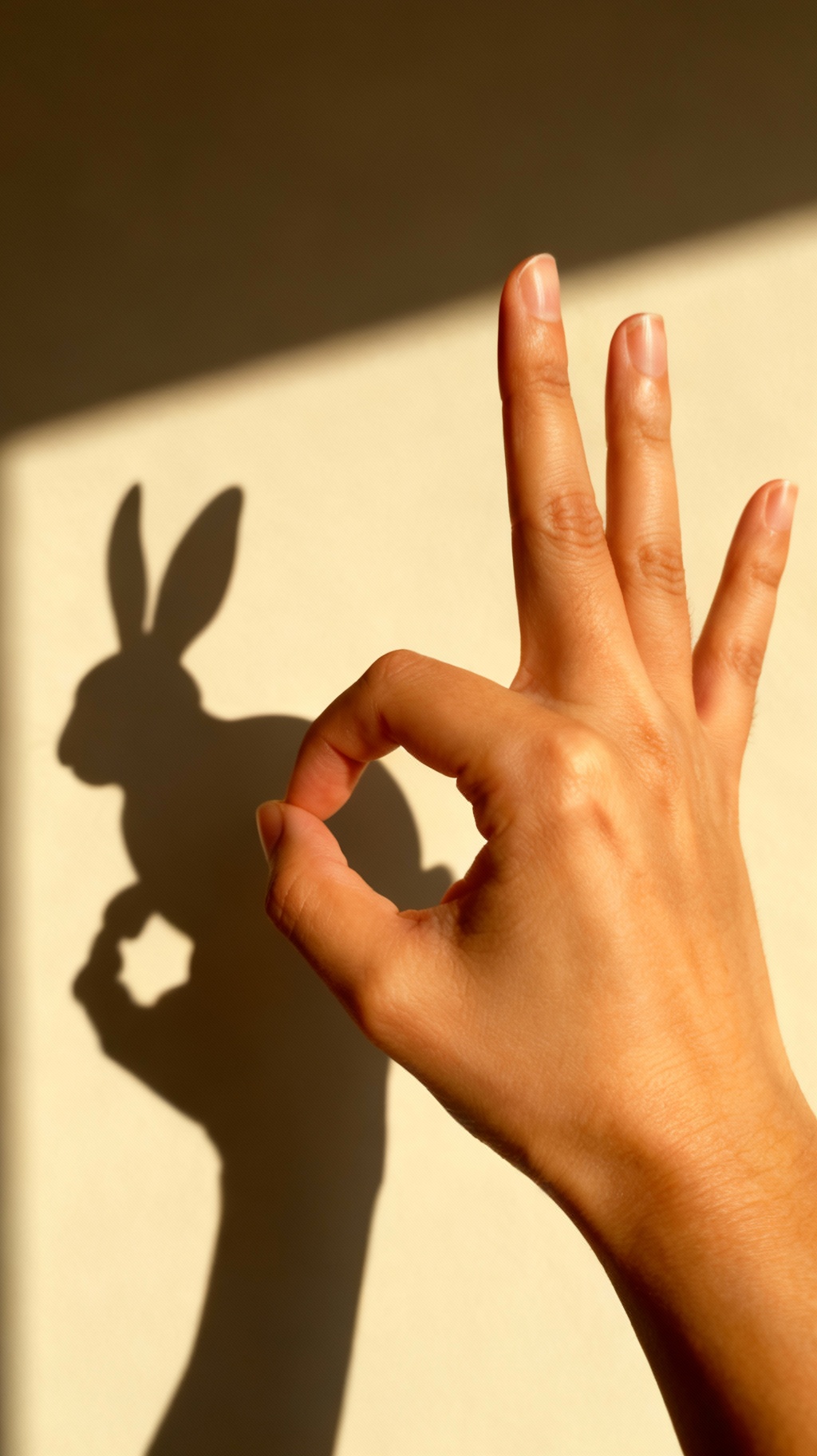 Storyboard 1: Hand slowly adjusts position to perfect the rabbit shadow, shadow gently sways on the wall, fingers make subtle movements