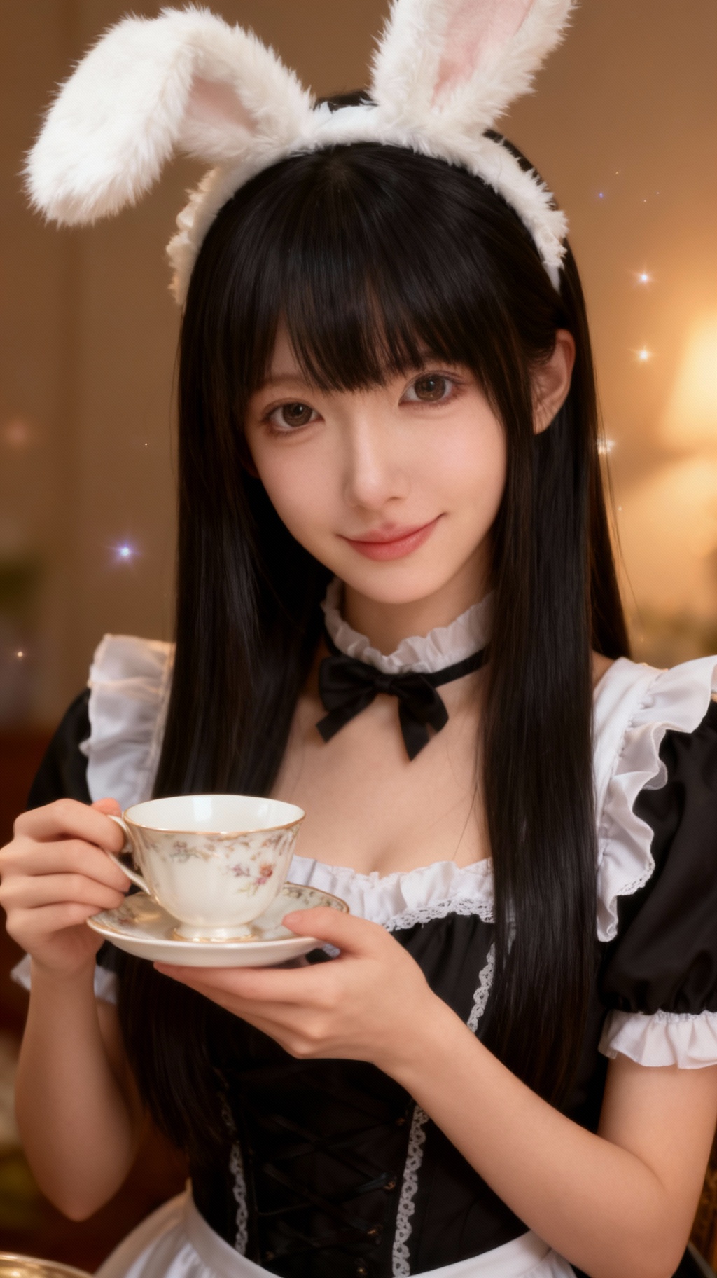 Storyboard 2: Magical sparkles and swirling vortex effect appears, girl materializes gracefully, gently lifts teacup with a mysterious smile