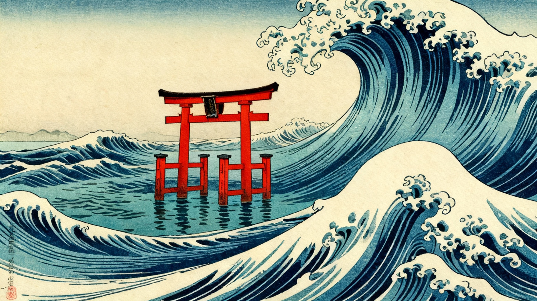 Storyboard 1: Gentle ukiyo-e waves flow smoothly around red torii gate, camera slowly pans right across serene seascape, peaceful water movement