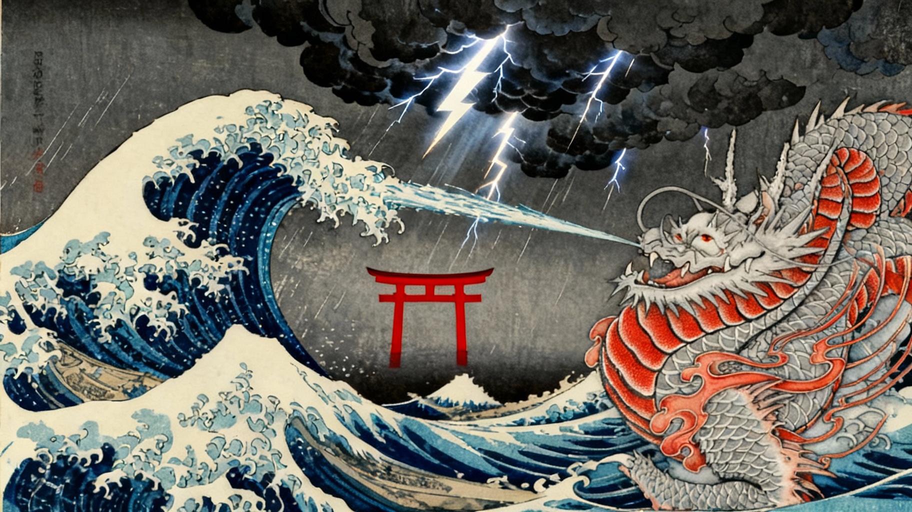 Storyboard 4: Dragon spews massive towering wave toward sky, lightning flashes dramatically, thunder rumbles, climactic supernatural moment with epic wave