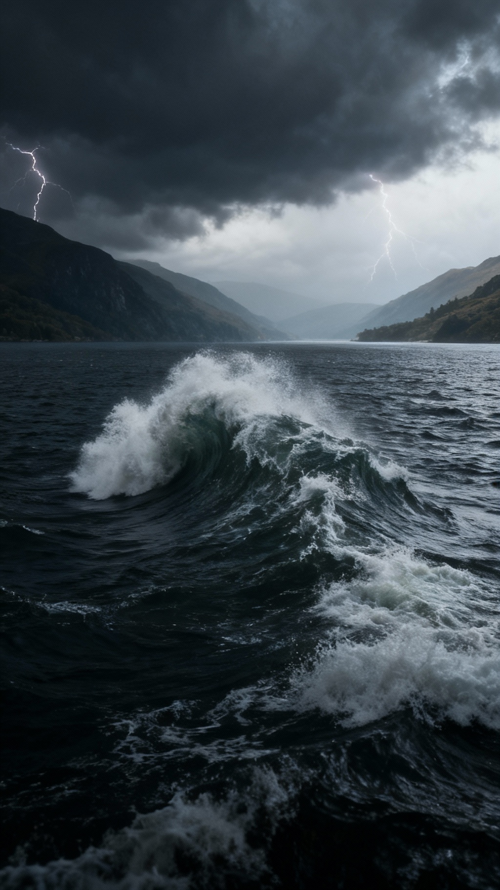 Storyboard 1: Stormy lake water churning with giant waves, lightning flashing across dark sky, camera slowly panning across the turbulent surface, ominous