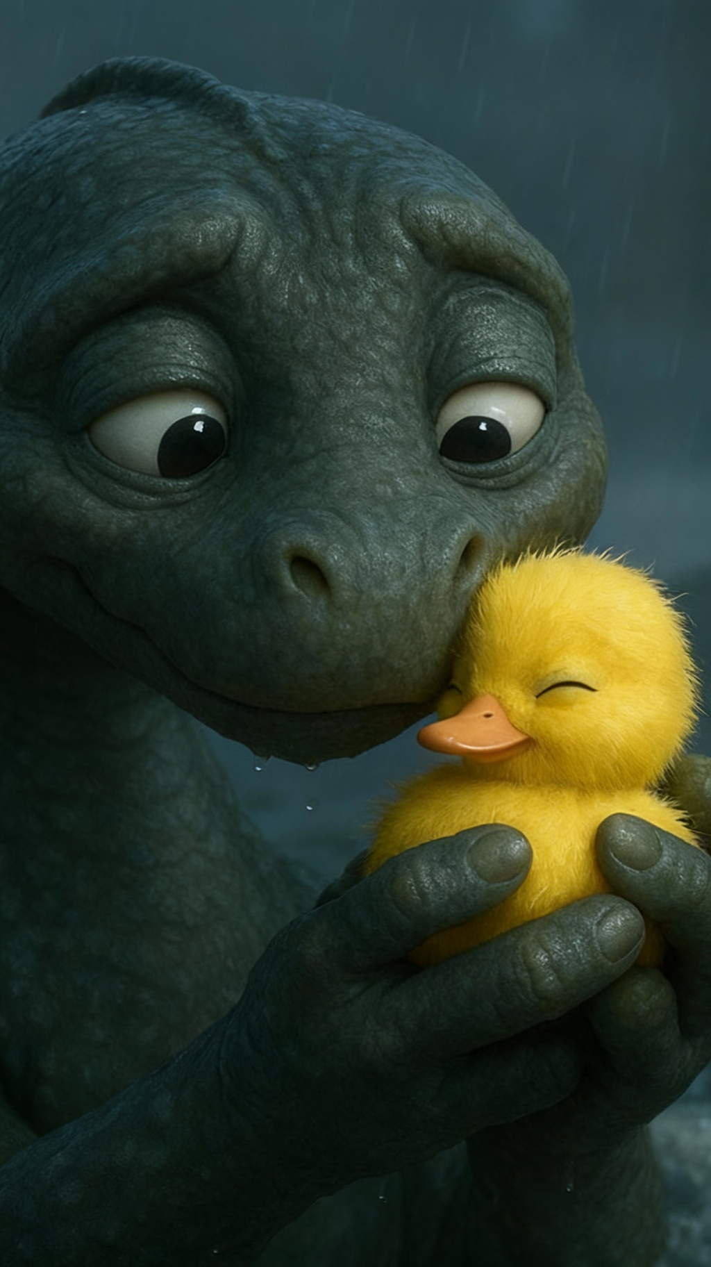 Storyboard 4: Close-up of monster's gentle face as it tenderly brings tiny yellow duckling to its cheek, both looking at each other with loving expression