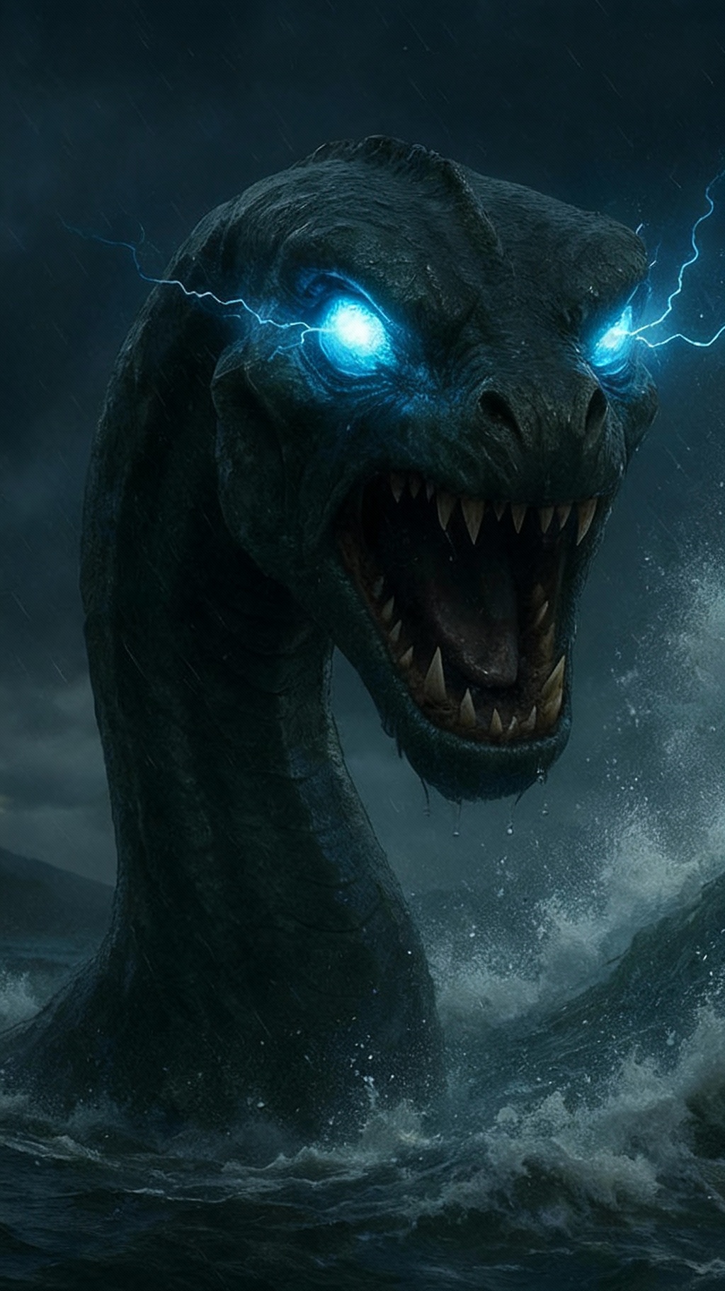 Storyboard 2: Loch Ness Monster bursting from water with glowing blue lightning eyes, mouth open menacingly, water splashing dramatically, camera pushing