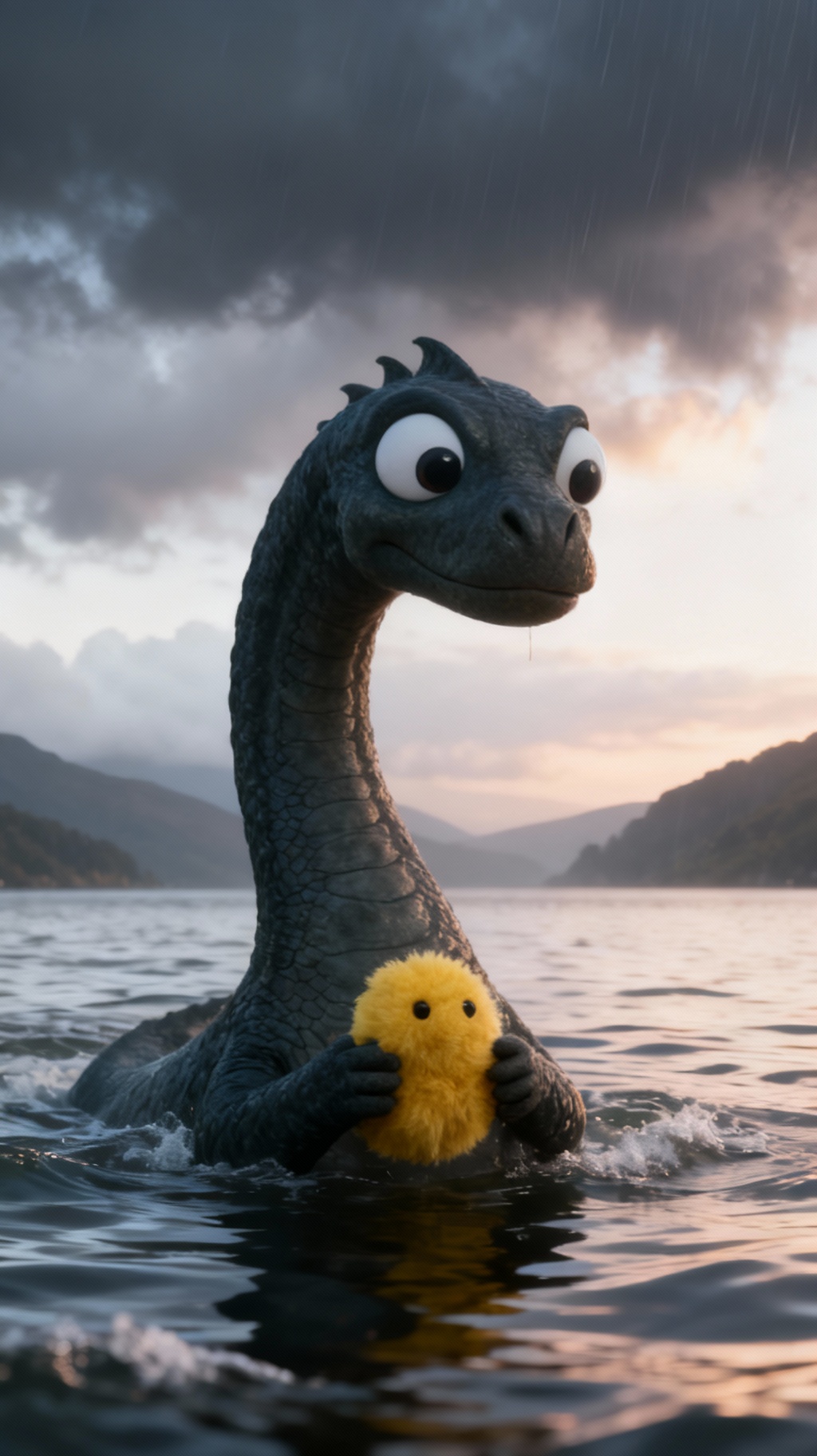 Storyboard 3: Monster's expression suddenly softening, eyes changing from lightning to gentle googly eyes, slowly lifting small yellow object in both hand