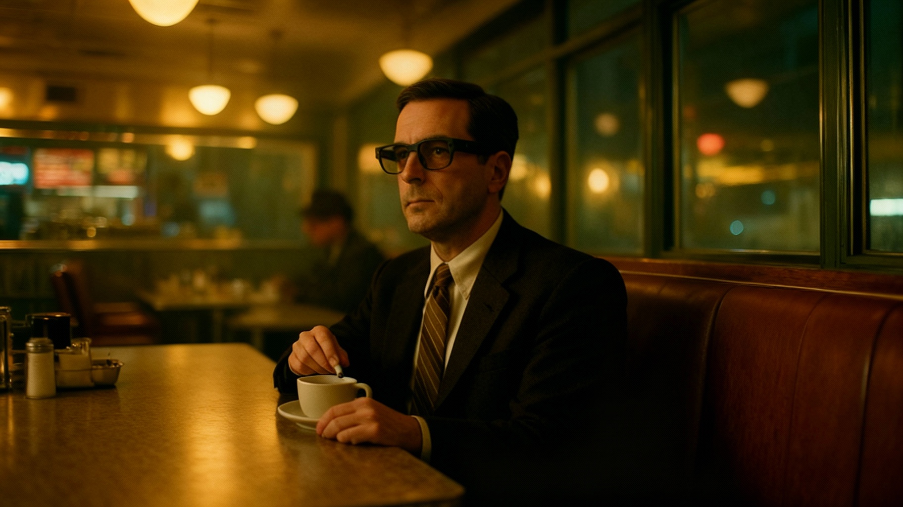 Storyboard 5: Man in corner booth lifting coffee cup slowly, subtle glint reflecting off his glasses lens, observing from distance with professional calm