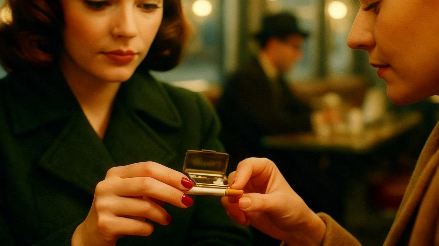 Storyboard 6: Close-up of elegant hands opening vintage cigarette case, offering cigarette with graceful movements, warm golden light reflecting off case