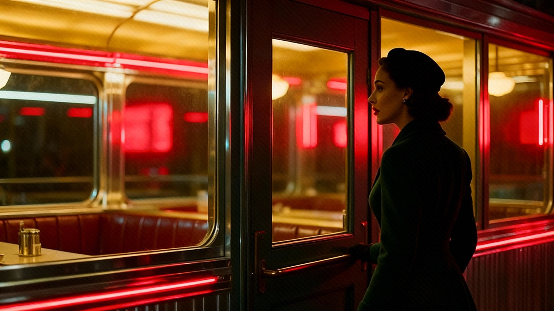 Storyboard 2: Woman in green coat walking slowly toward glass door, profile silhouette against warm interior light, red neon reflections dancing on glass