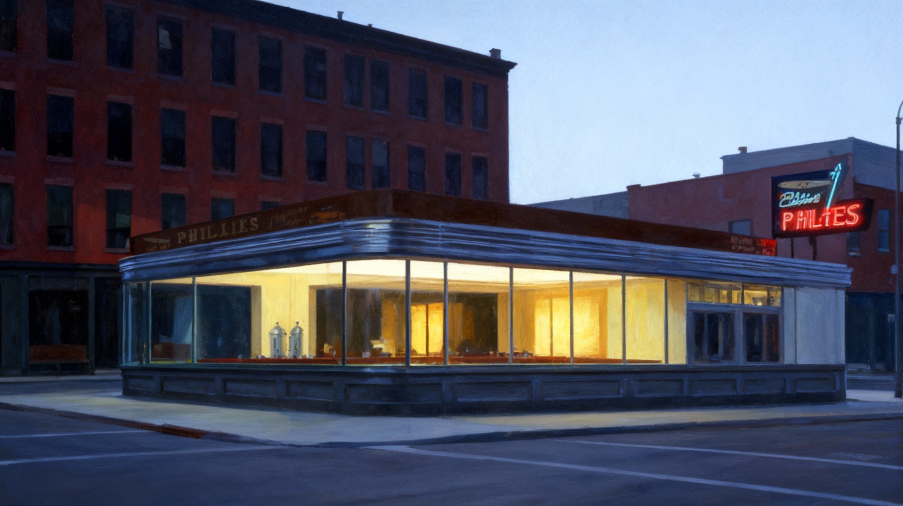 Storyboard 1: Empty street corner in early morning light, subtle camera push-in toward distant diner, neon signs still glowing, preparing for approaching