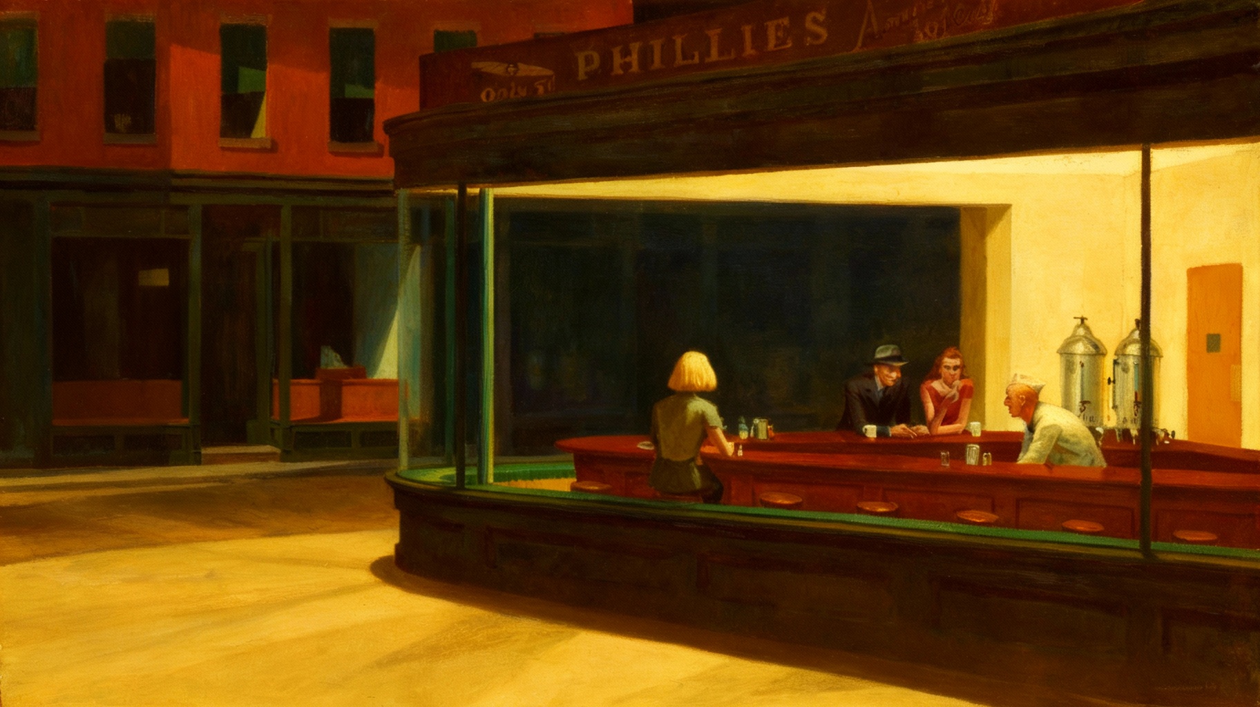 Storyboard 3: Camera remains outside looking through glass into warm diner interior, revealing patrons in golden light, short-haired woman visible at coun