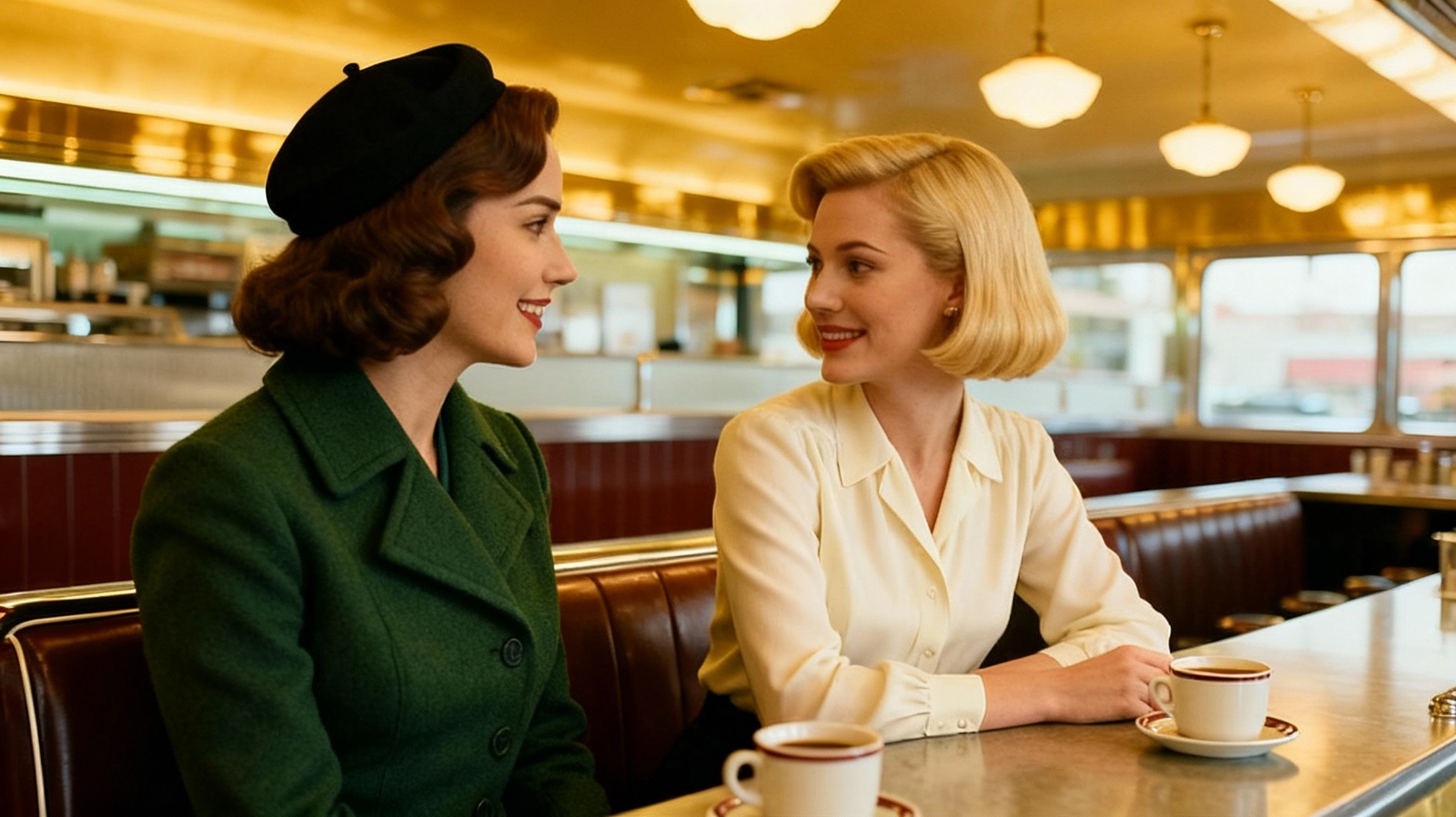 Storyboard 4: Two women seated side-by-side at ntle movement as they turn toward each other, coffee cups being set down with subtle clink