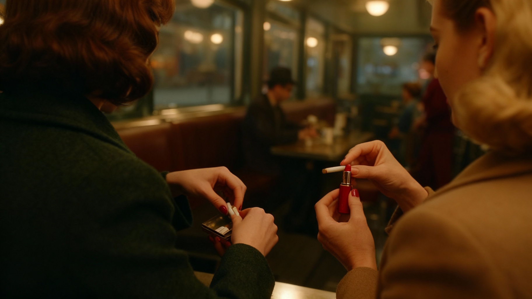 Storyboard 7: Reverse angle hands discretely sliding cigarette into hidden compartment whilher woman conceals cigarette in lipstick case, subtle spy excha