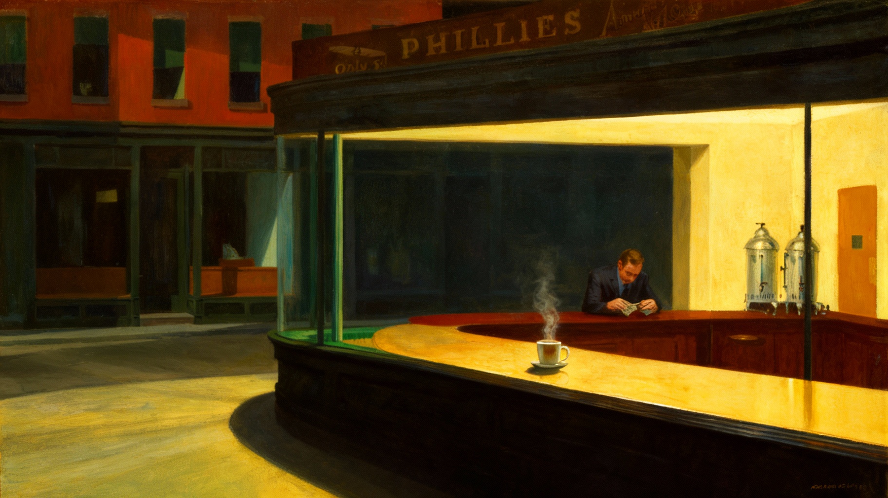 Storyboard 10: Wide shot returning to Hopper-like stillness, corner man laying down cash, empty counter with steaming coffee cup, mission completed atmosph