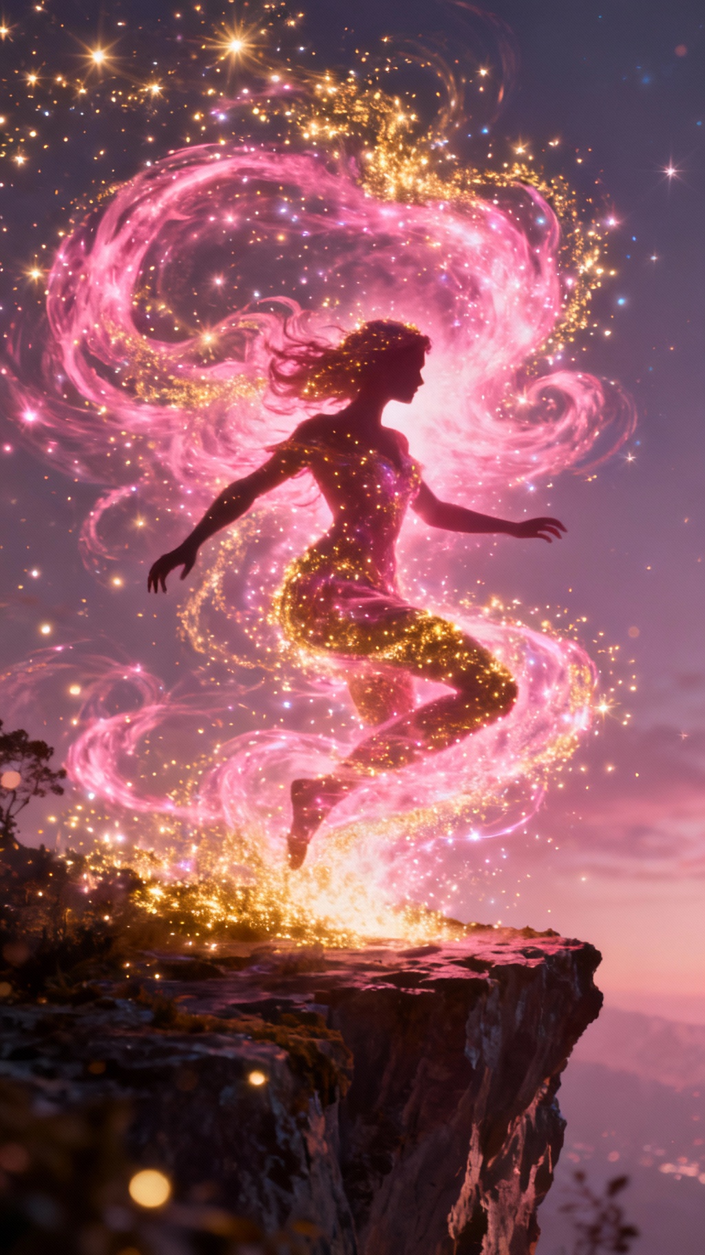 Storyboard 3: intense magical transformation with swirling pink and golden sparkles, dynamic movement, magical energy flowing, silhouette changing shape