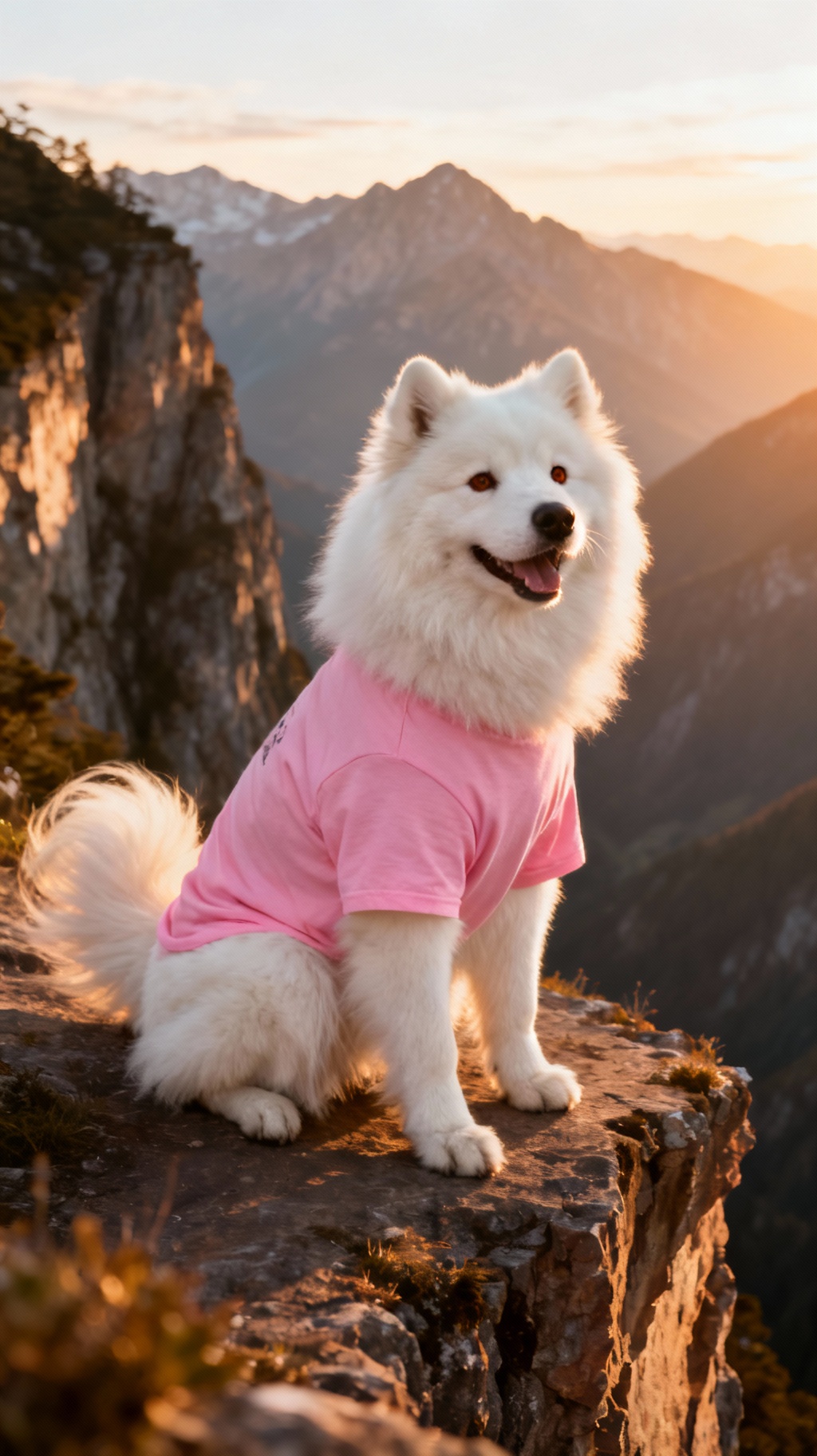 Storyboard 4: adorable Samoyed sitting happily, tail wagging gently, head tilting slightly with joyful expression, warm sunlight glowing