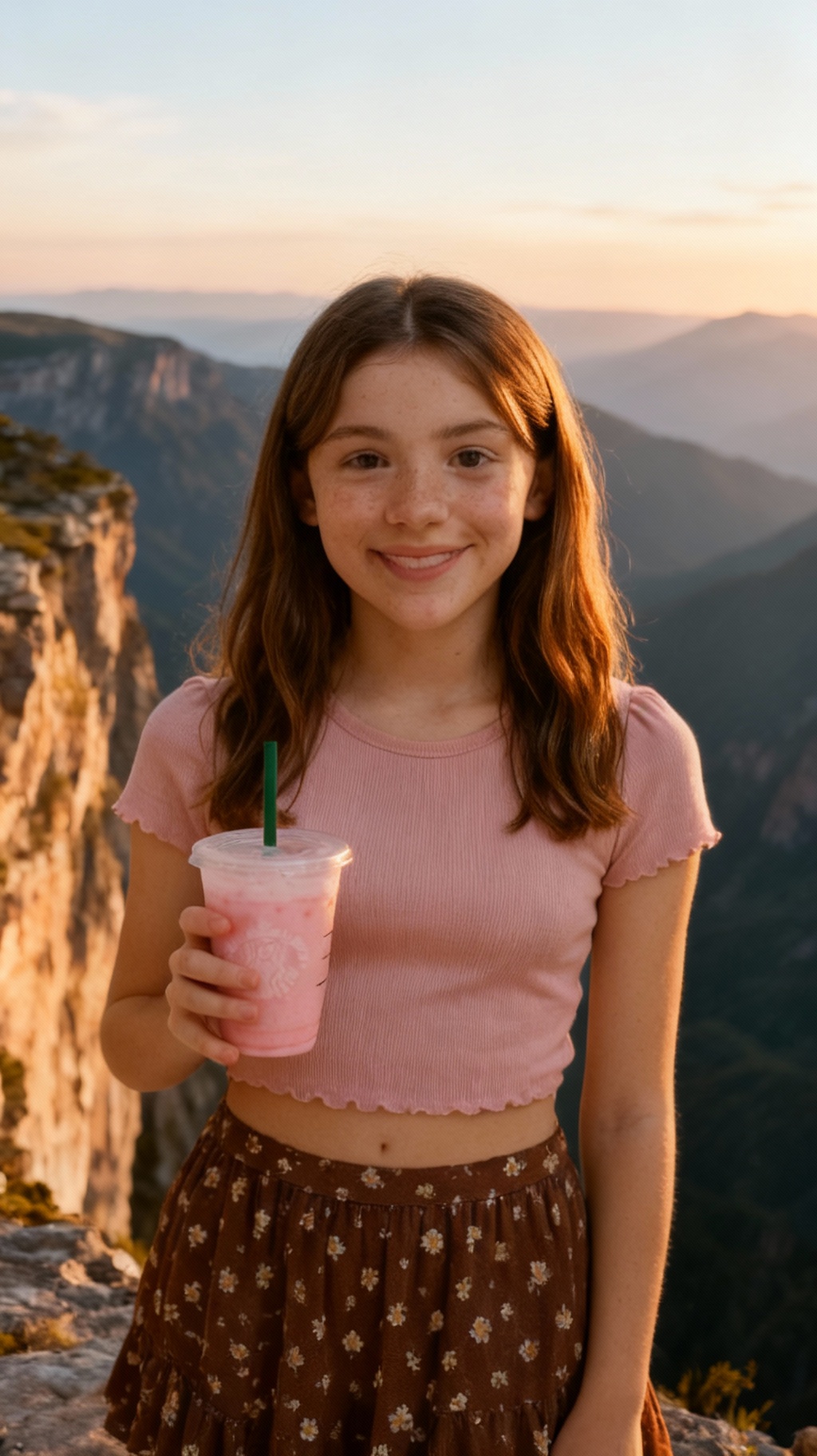 Storyboard 1: girl excitedly lifts pink milkshake to her mouth, eager drinking motion, happy expression, gentle breeze in hair, golden hour lighting