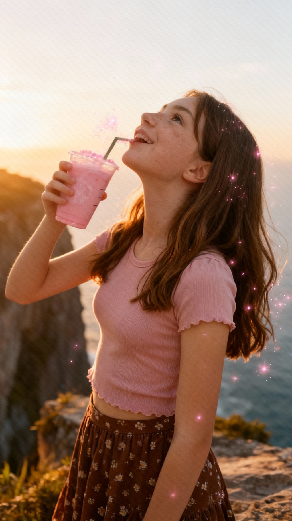 Storyboard 2: girl tilting head back finishing last drops of milkshake, satisfied expression, magical sparkles starting to appear around her