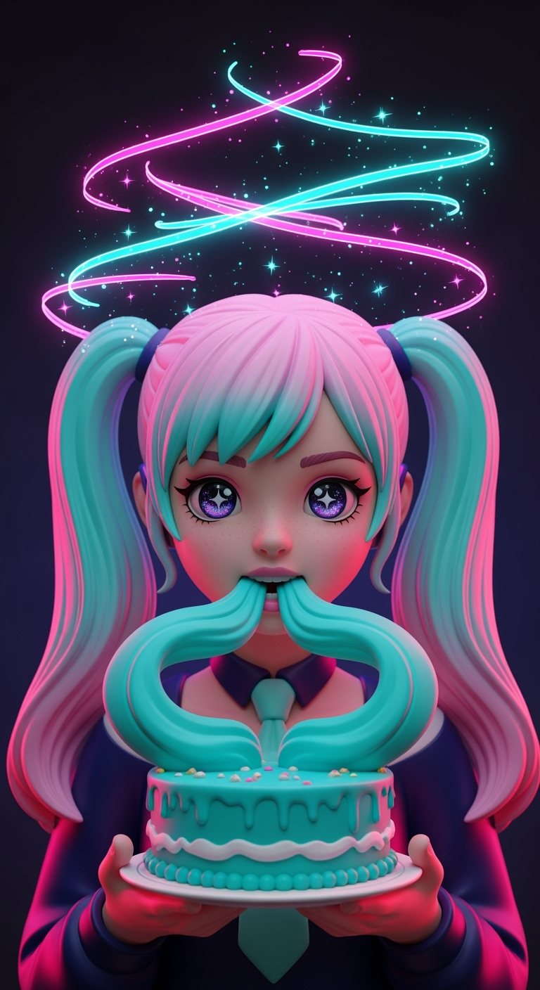 Storyboard 2: Girl takes bite of cake, magical ribbon particles swirl around her head, hair transforms from pink to blue twin-tails, sparkles and magic ef