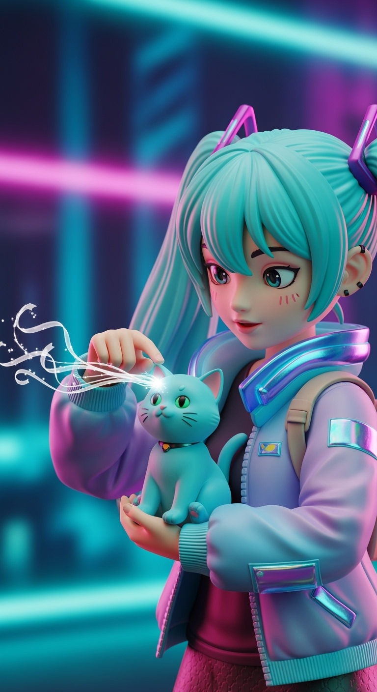 Storyboard 3: Girl with blue twin-tails picks up cat, gently taps cat's forehead with finger, magical particles transfer from her hand to cat