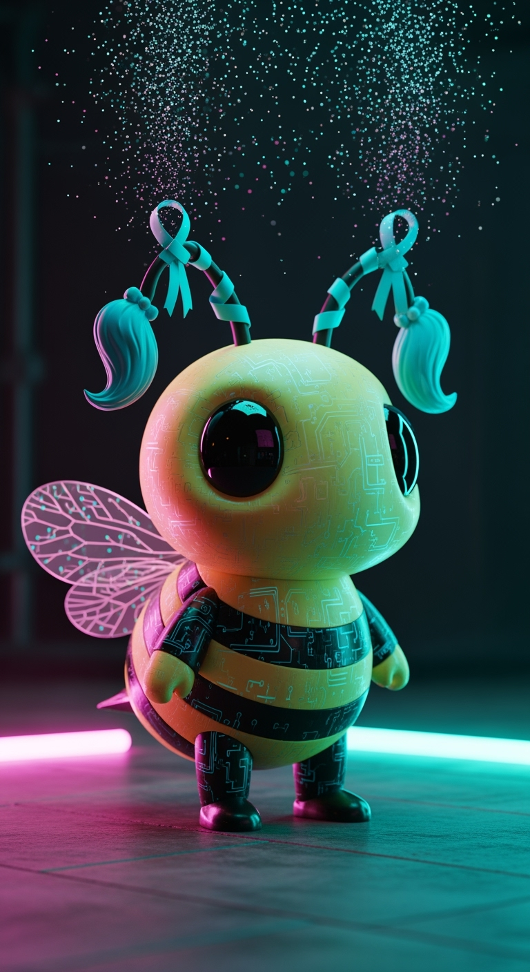Storyboard 6: Magical ribbons swirl around bee's head and antennae, blue twin-tails appear on bee, sparkle effects, transformation magic