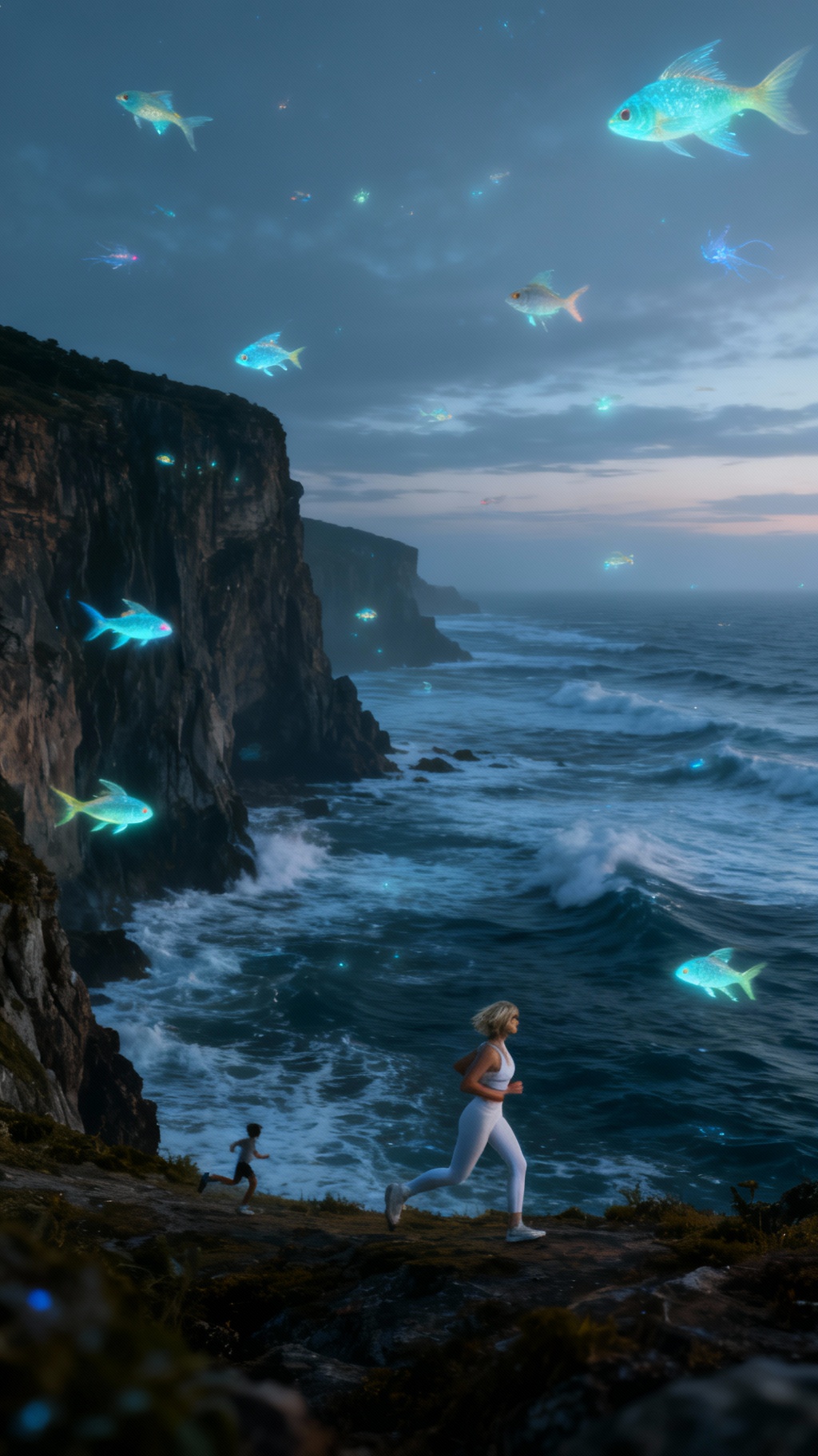 Storyboard 2: Continuous tracking shot, camera maintains parallel movement with running woman from left to right. Bioluminescent fish swimming rapidly in
