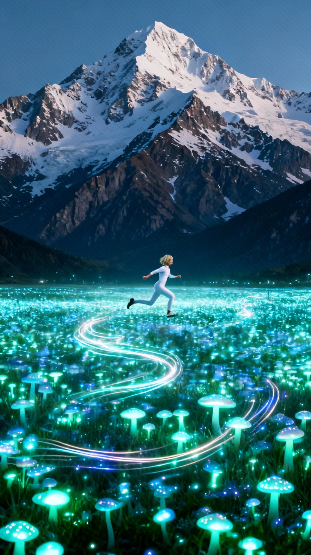 Storyboard 1: Smooth tracking shot, camera moves from left to right, perfectly parallel to the running woman, maintaining constant distance. Glowing mushr