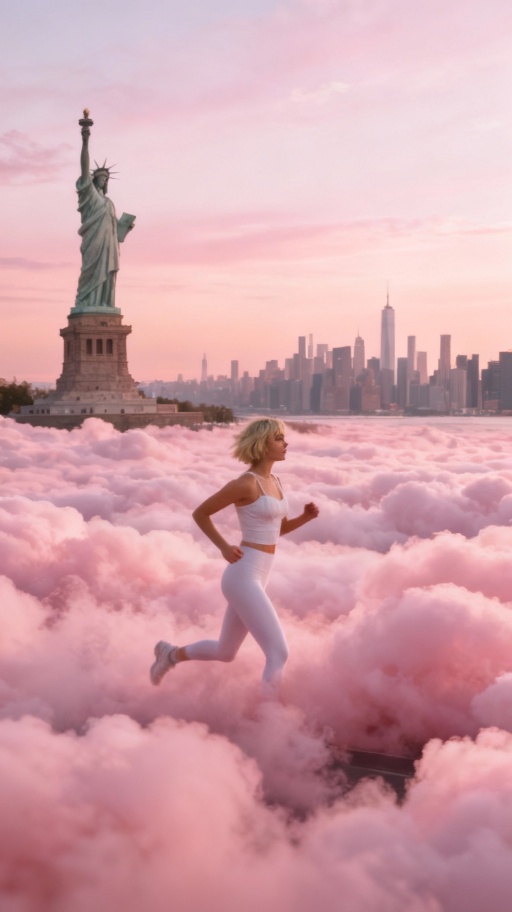 Storyboard 4: Final tracking shot, camera completes the journey following running woman from left to right. Pink clouds flow gently in foreground, Statue