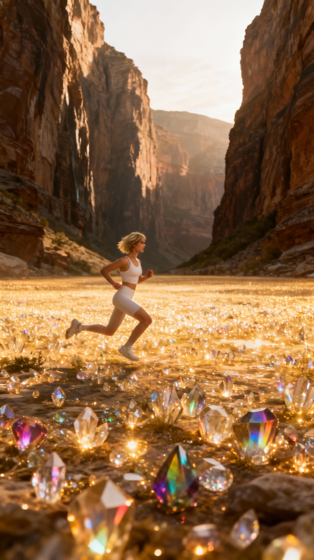 Storyboard 3: Seamless tracking shot continues, camera follows running woman from left to right at consistent speed. Glowing crystals reflect light rapidl