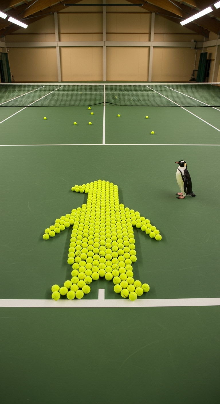 Storyboard 4: Tennis court wide shot as dozens of yellow tennis balls roll across the court surface, arranging themselves into a flat penguin silhouette.