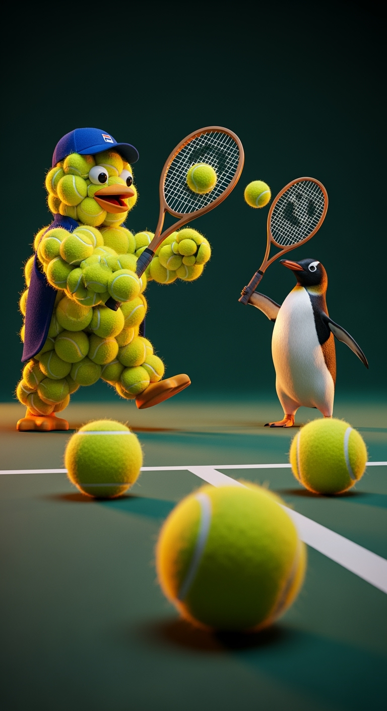 Storyboard 5: The flat tennis ball formation rises layer by layer, assembling into a 3D Tennis-Ball Penguin holding a racket. Dynamic rally action begins