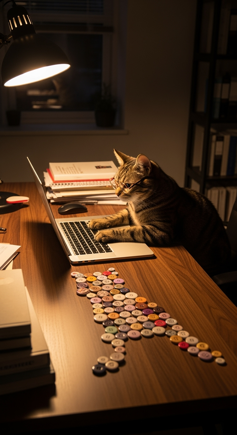 Storyboard 6: Warm office interior with the real tabby cat typing intently at the laptop. Colorful buttons arranged in cat silhouette on the wooden desk b
