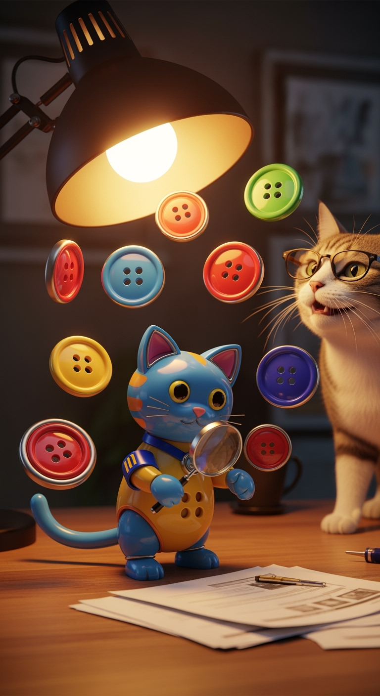 Storyboard 7: Colorful buttons float and magnetically snap together, forming the 3D Button Cat. It picks up a magnifying glass to inspect documents while