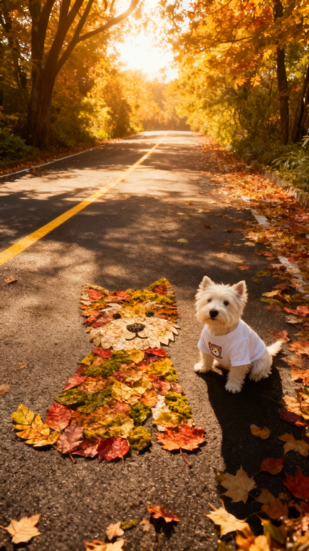 Storyboard 1: Smooth cinematic push-in along the autumn road, settling on the flat leaf-collage dog and real Westie. Gentle camera movement with dappled s
