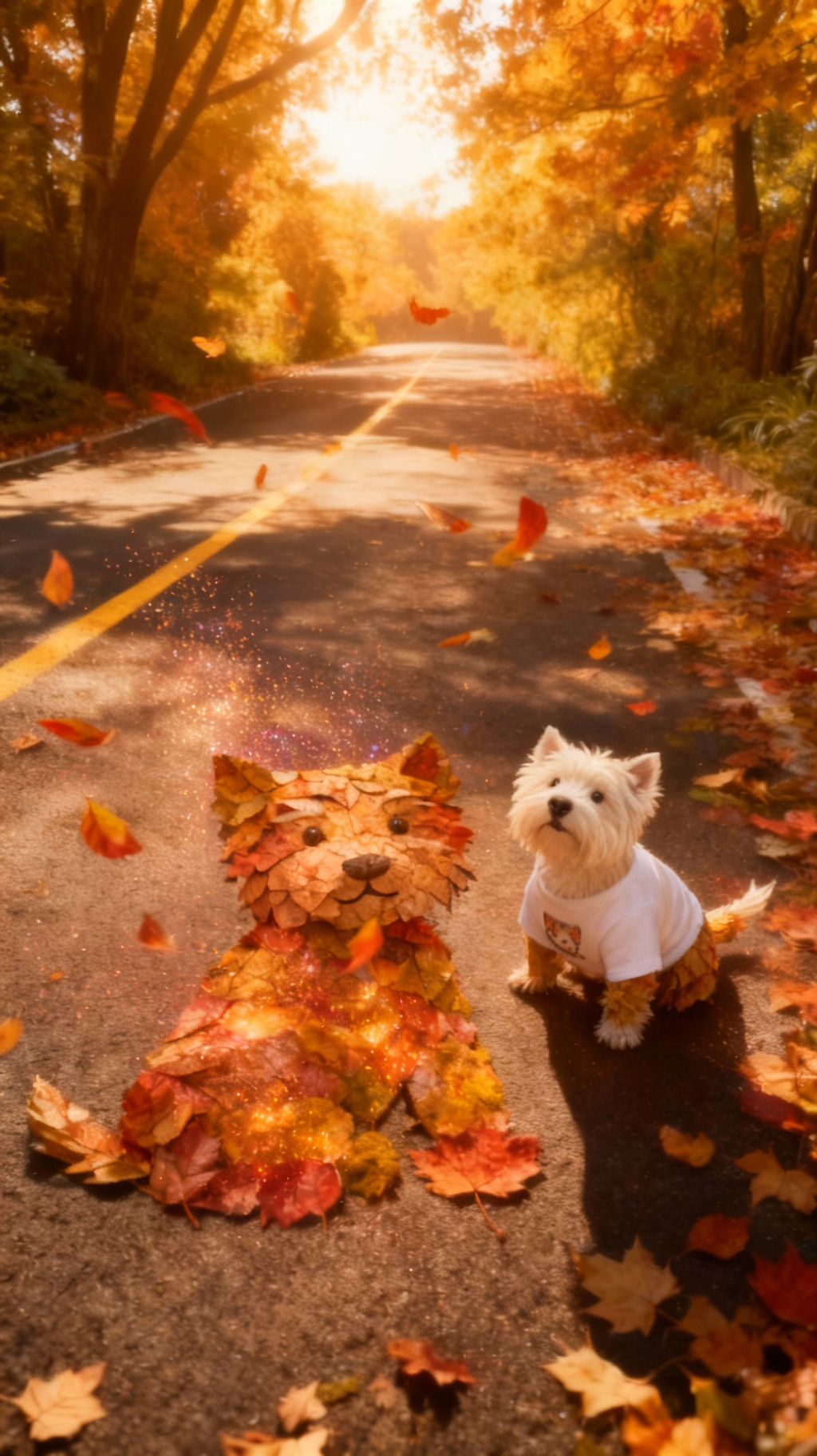 Storyboard 2: The flat leaf arrangement begins to tremble and rise, individual leaves floating and spinning as they layer up to form a 3D Leaf Dog. The re