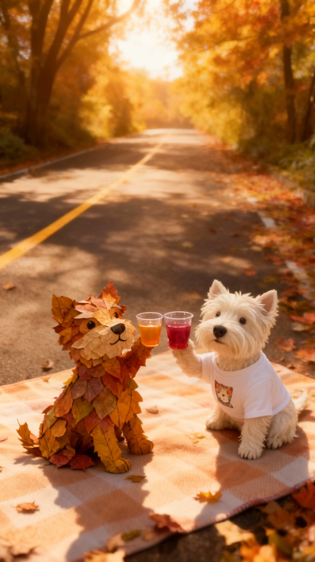 Storyboard 3: Both dogs raise their translucent juice cups in slow motion for a celebratory clink. The liquid catches the golden sunlight beautifully. War