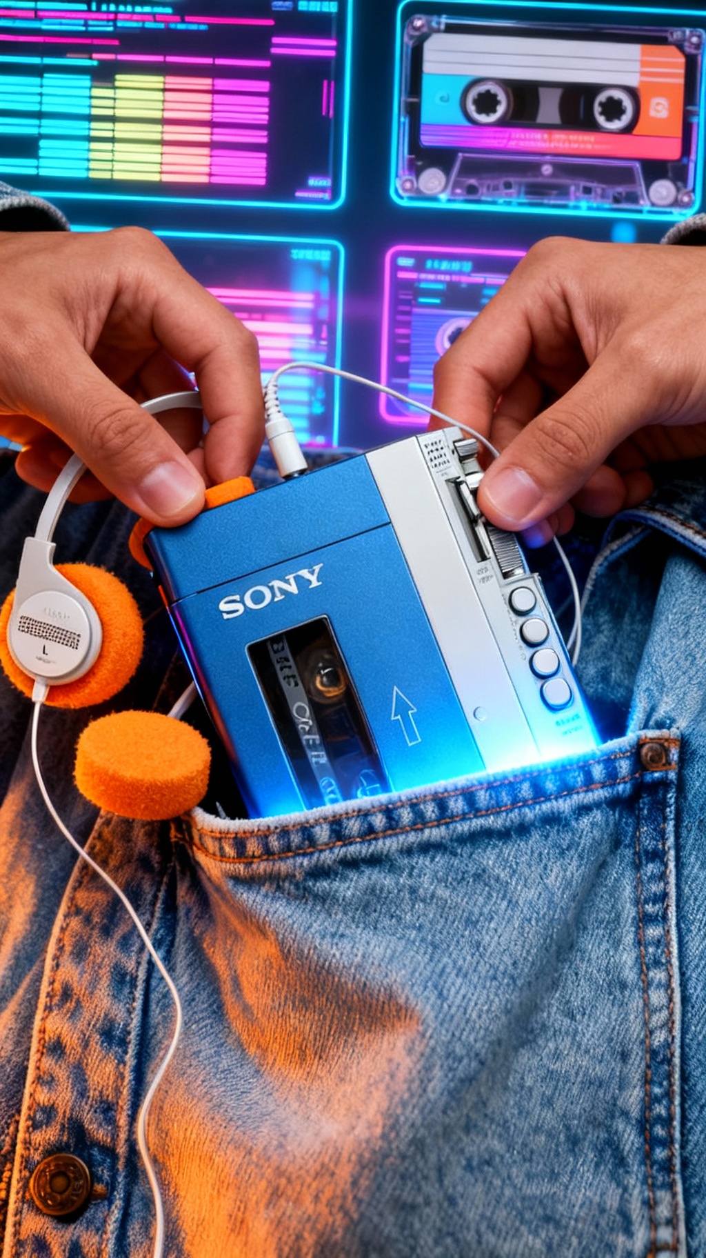 Storyboard 2: Dramatic reveal moment as hands pull the blue Sony Walkman from pocket, holographic screens begin glitching with VHS scan lines, color tempe