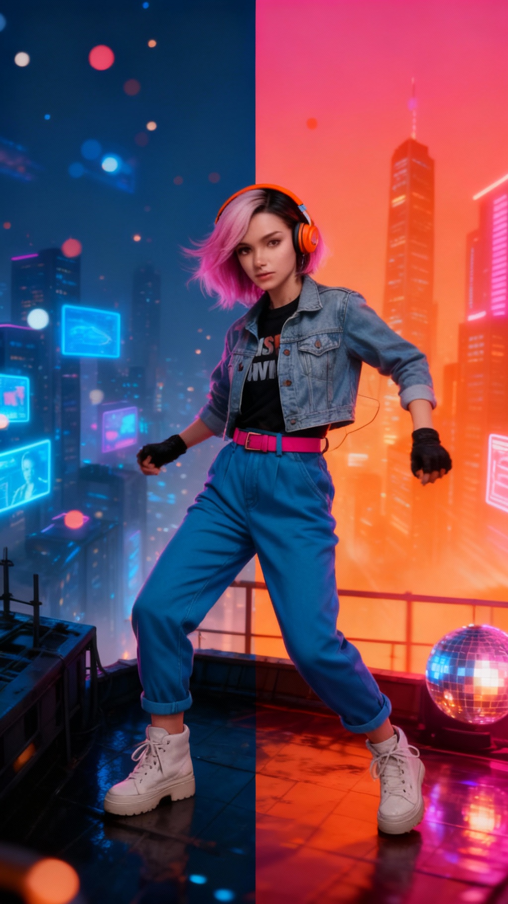 Storyboard 3: Dynamic dancing movement with headphones on, world transformation in progress from cold cyberpunk blue to warm retro orange-pink, digital pa