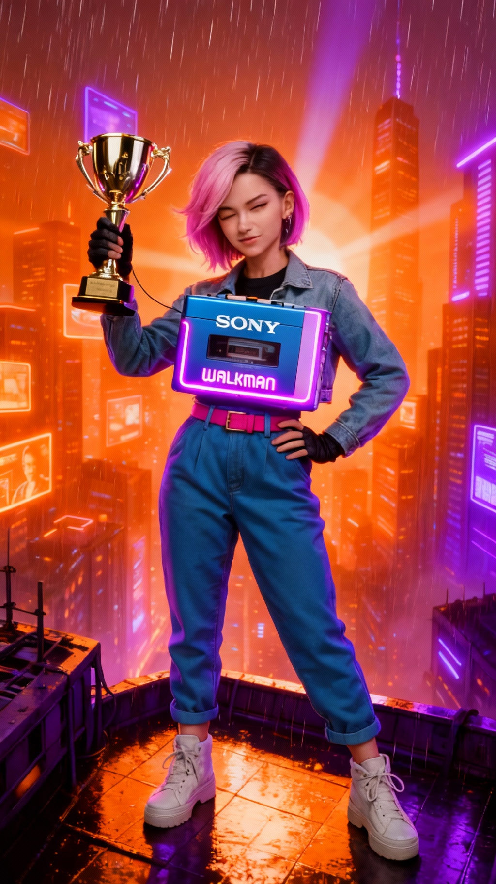 Storyboard 4: Confident final pose holding Sony Walkman up like a trophy with a wink, lens flare and glamour shot rotation effect, Sony logo glowing with