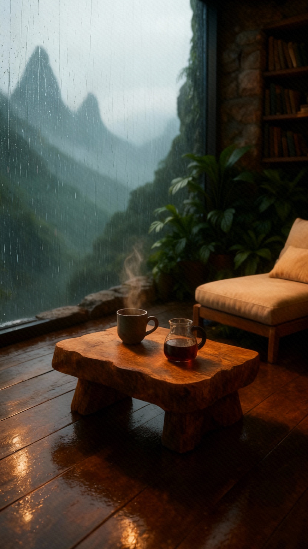 Storyboard 1: Gentle camera drift across rain-streaked window, steam rising slowly from coffee cup, raindrops sliding down glass, misty mountain valleys e