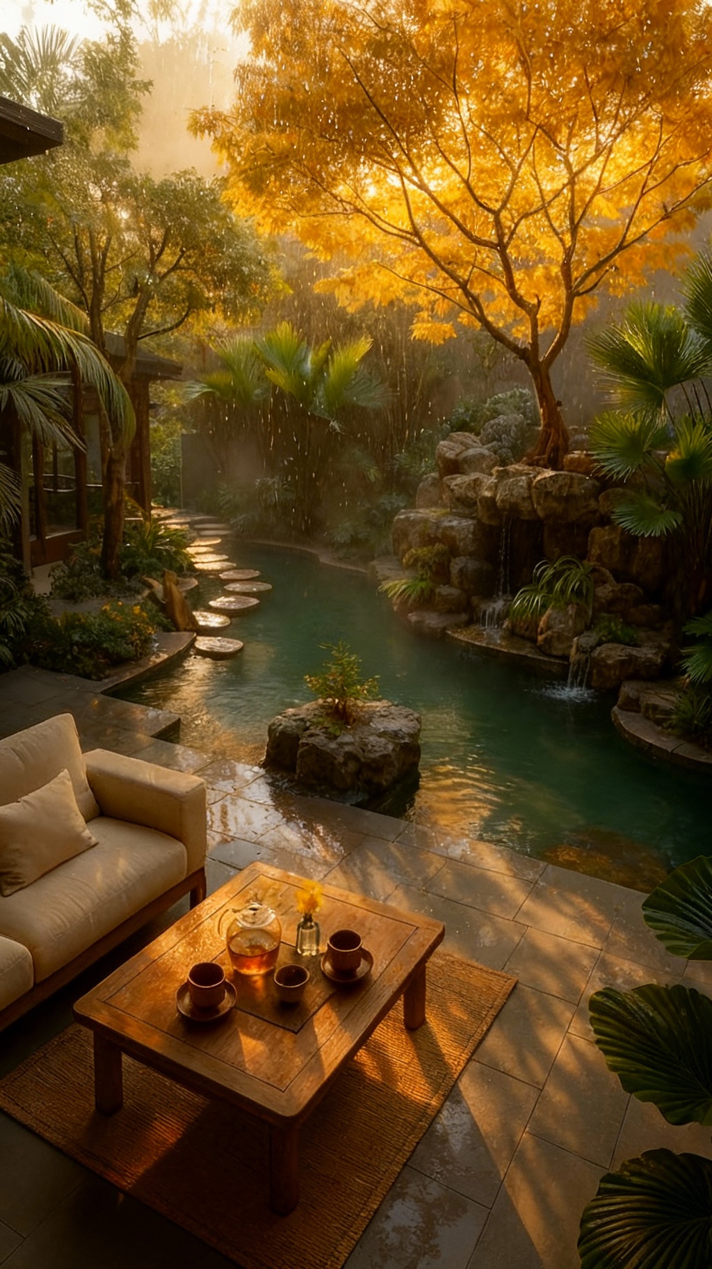 Storyboard 2: Smooth transition to golden courtyard, waterfall flowing gently, rain droplets glistening on golden autumn leaves, stepping stones reflectin