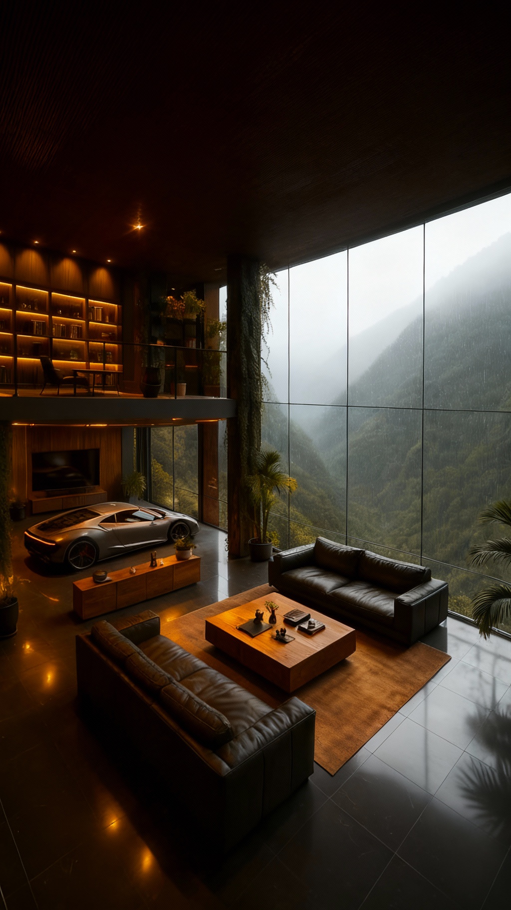 Storyboard 3: Final reveal of towering sanctuary, camera slowly rising to show full height of windows, rain-blurred mountains beyond, warm light from book