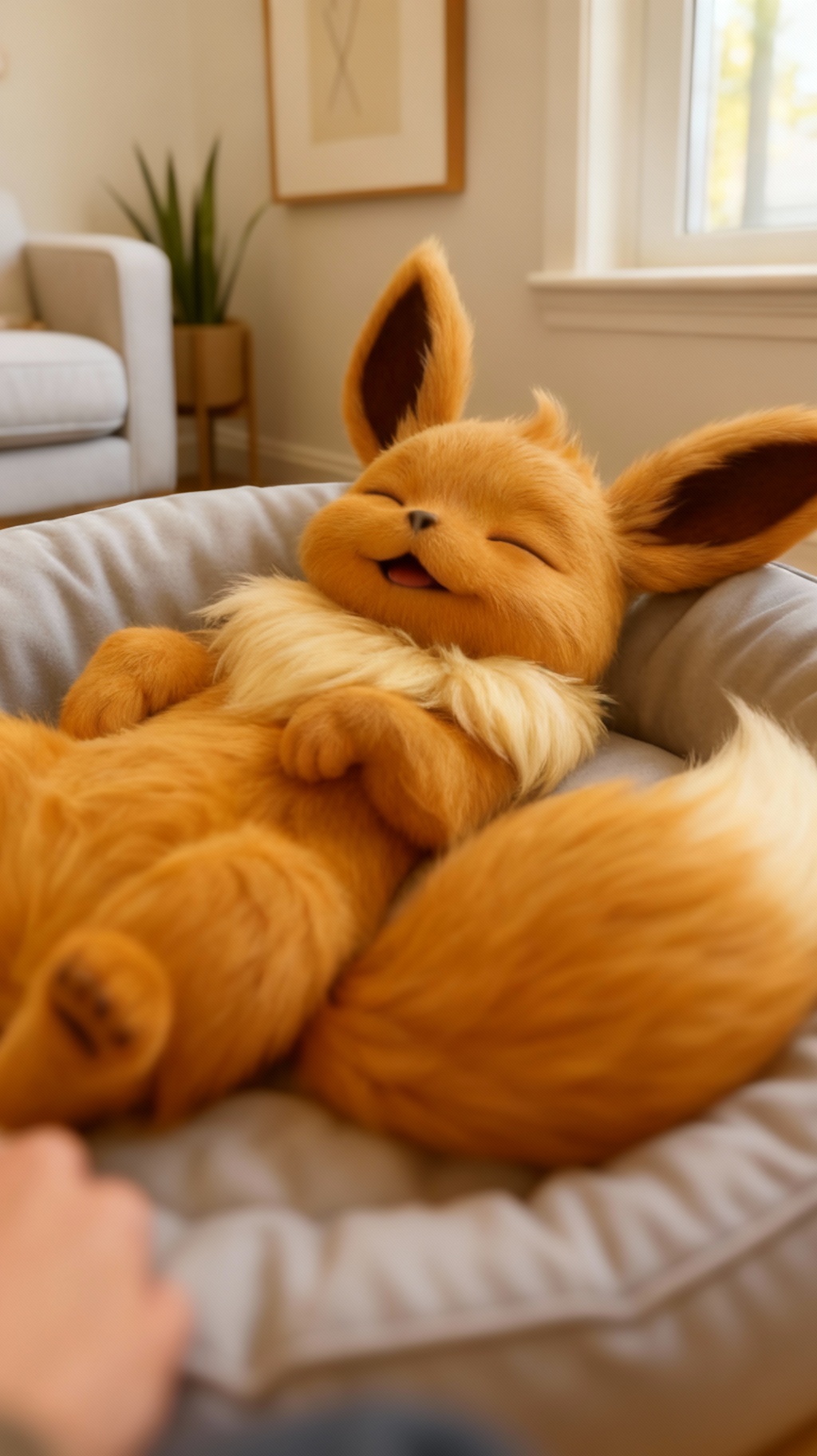 Storyboard 1: POV camera slowly approaches the sleeping golden fox creature with gentle handheld movement, slight camera shake, focusing on the creature's