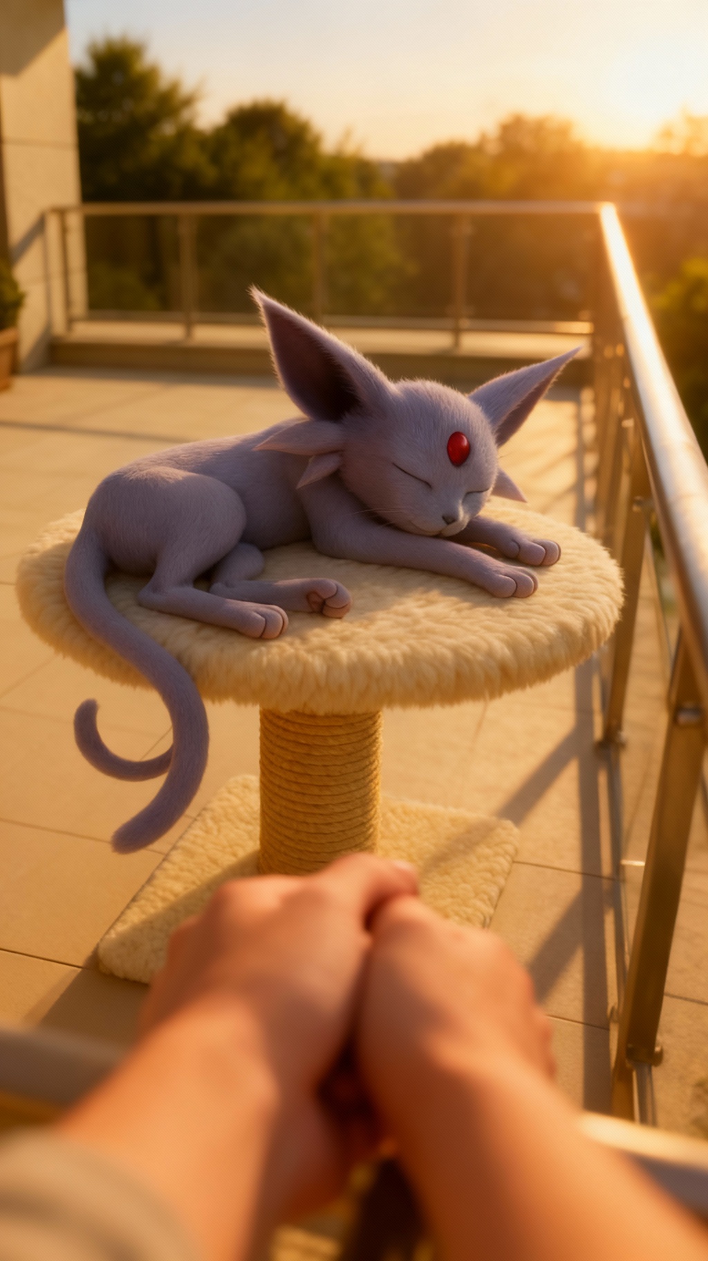 Storyboard 3: POV camera pans to reveal the purple cat creature basking in golden sunlight, smooth handheld movement with natural camera sway, capturing t