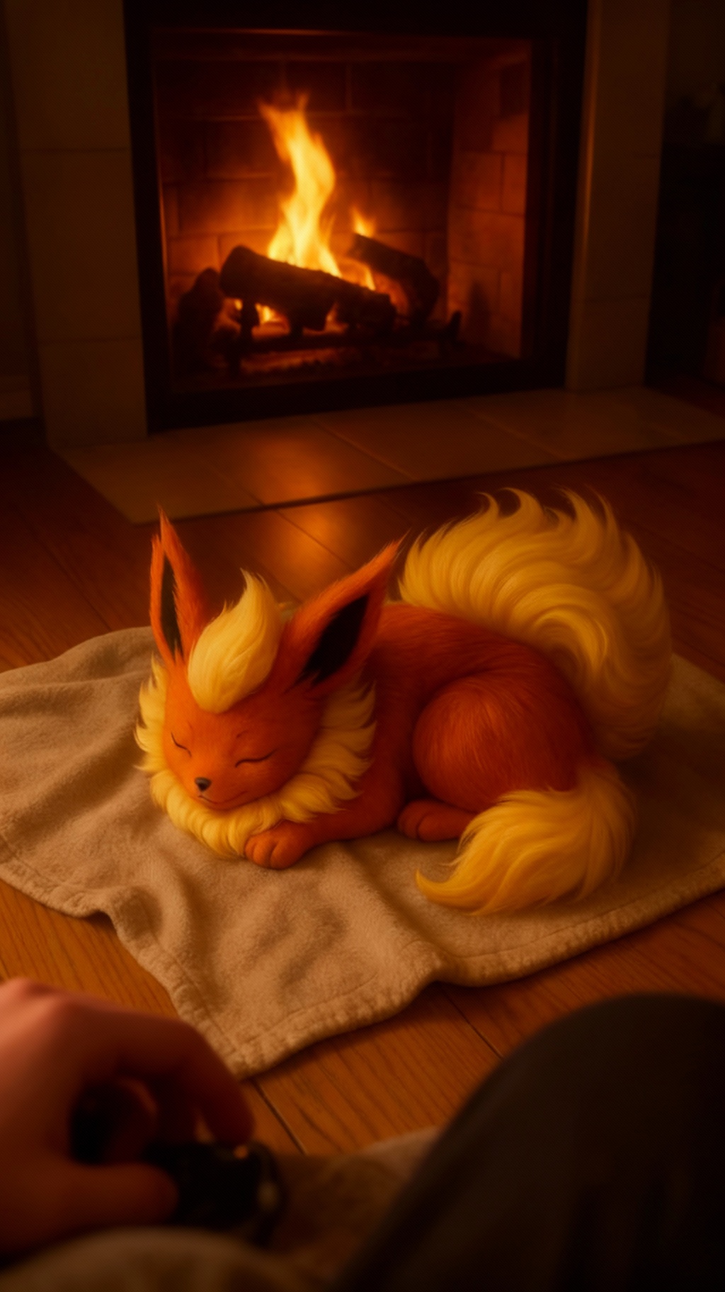Storyboard 4: POV camera settles on the orange fire creature curled by the fireplace, gentle stabilization as camera finds the perfect cozy viewing angle,