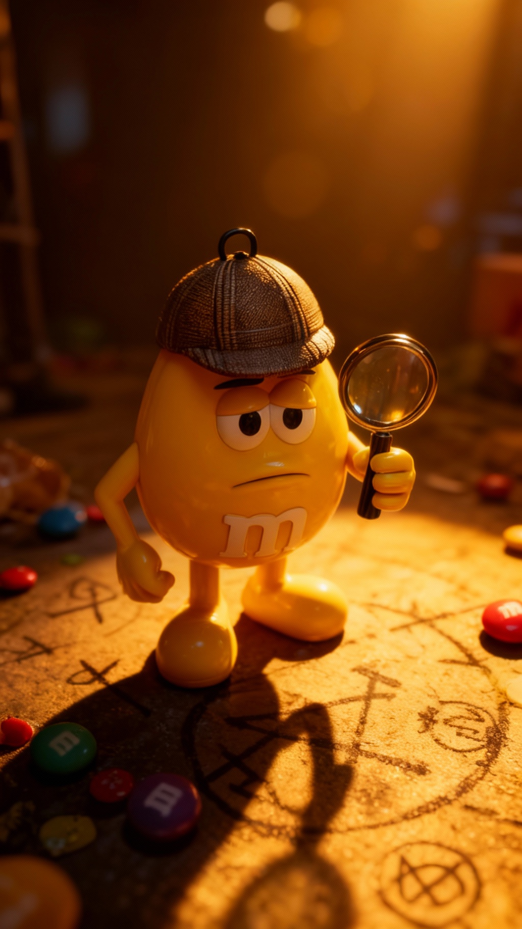 Storyboard 1: M&M detective examines crime scene, camera slowly zooms in on scattered colorful clues and mysterious symbols, detective moves magnifying gl