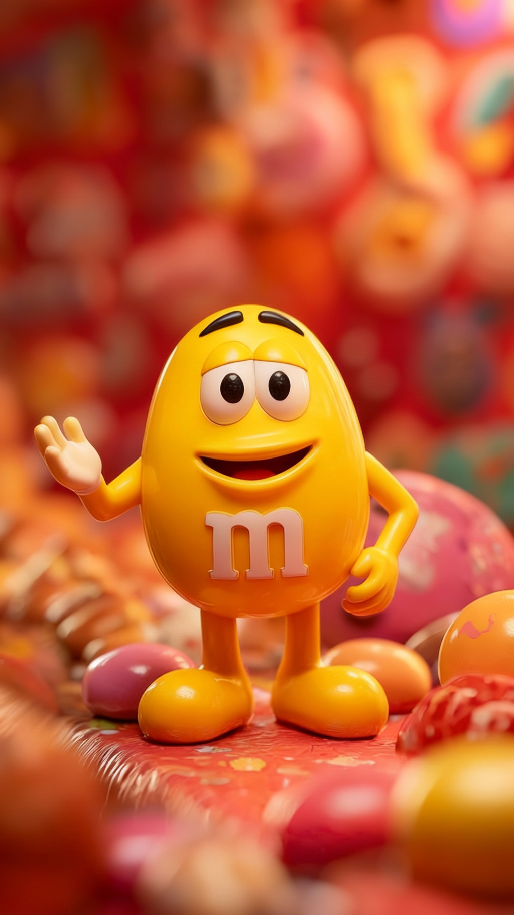 Storyboard 4: Detective faces camera with warm smile, tips hat in friendly gesture, colorful M&M friends gently sway in background, warm inviting atmosphe