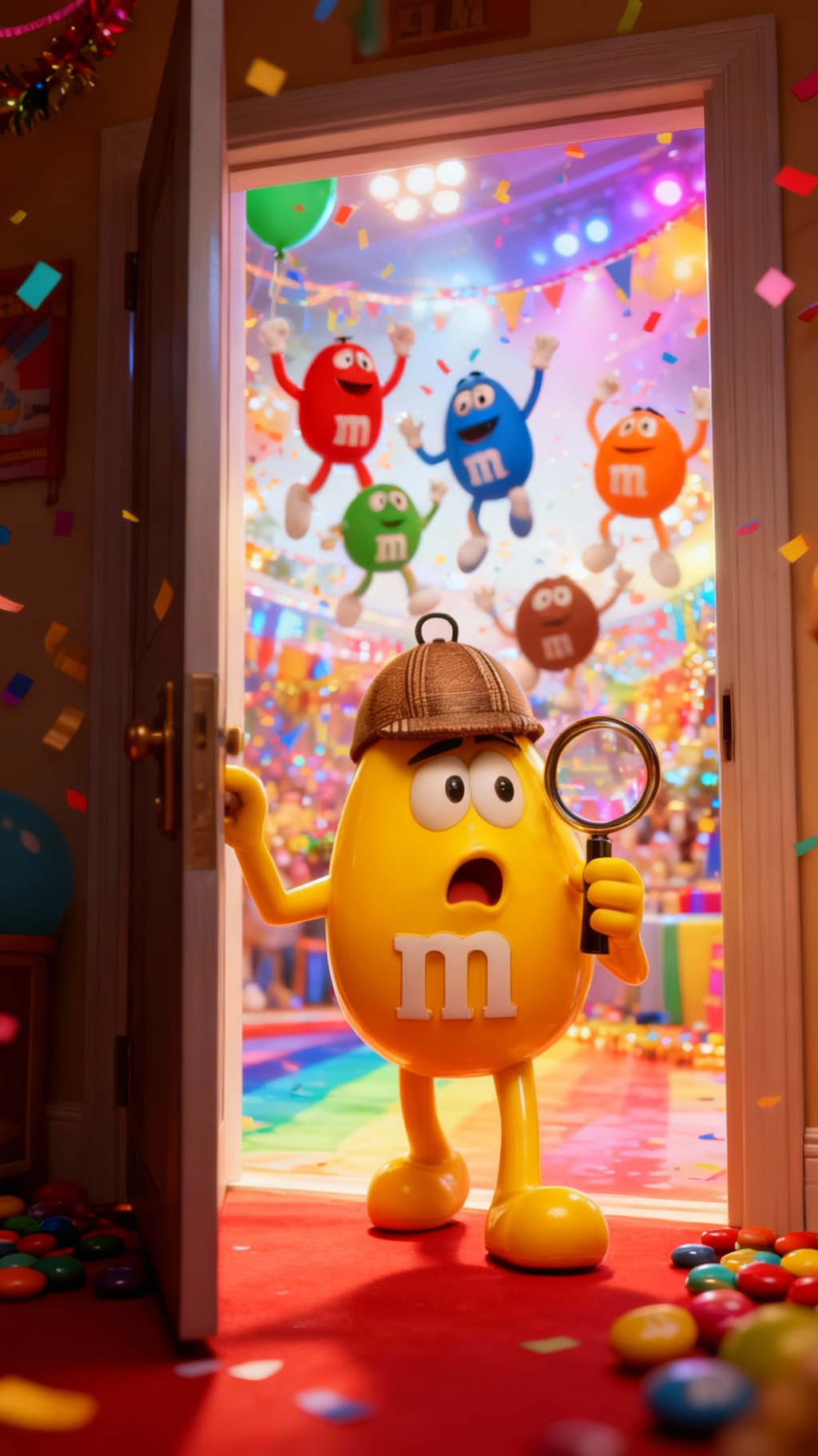 Storyboard 3: Secret door opens revealing surprise party, all colorful M&M friends jump and celebrate with confetti falling, detective shows amazement and