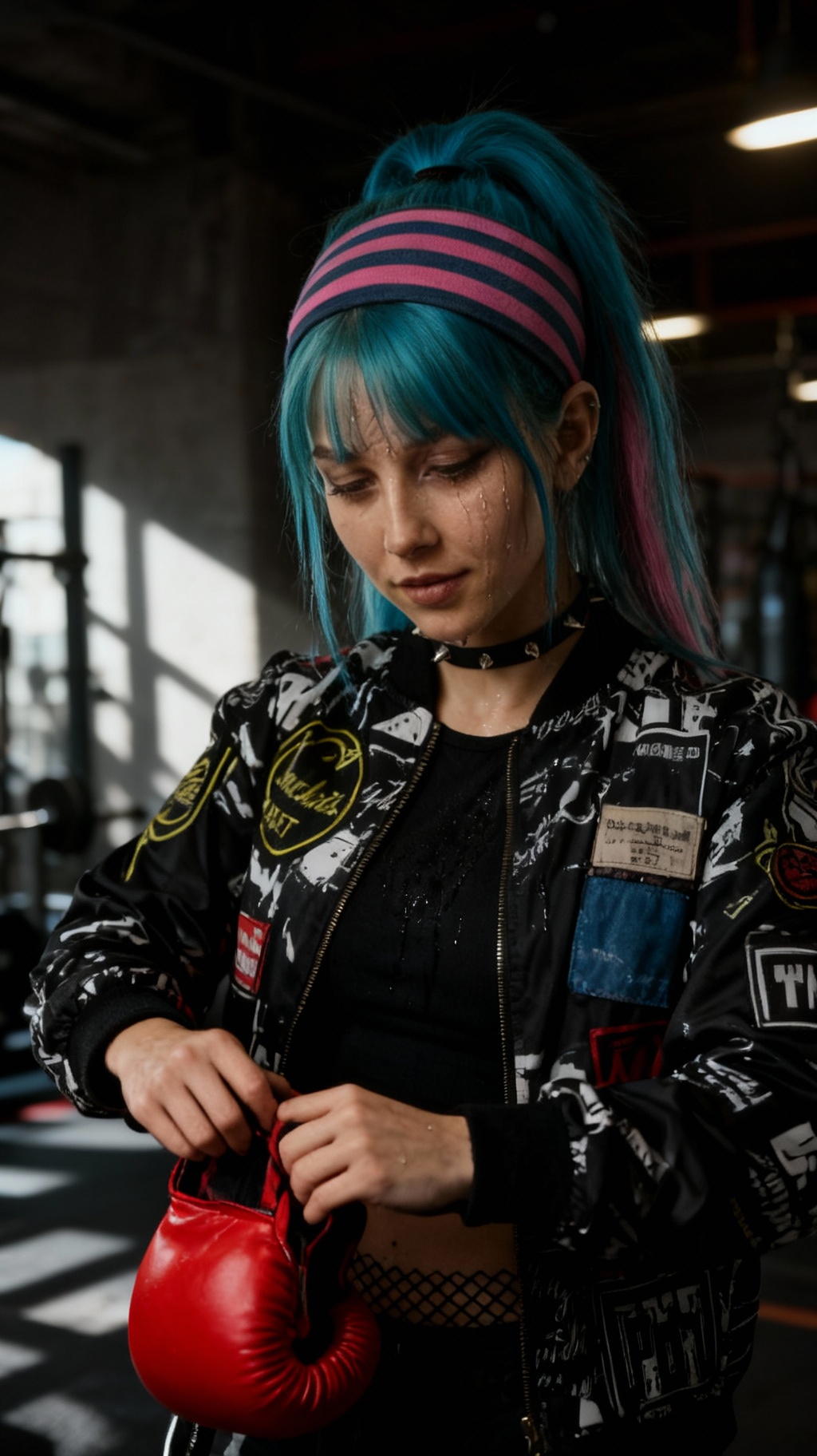 Storyboard 1: Female boxer removing gloves after training, tired expression transitioning to hopeful anticipation, sweat glistening in gym lighting