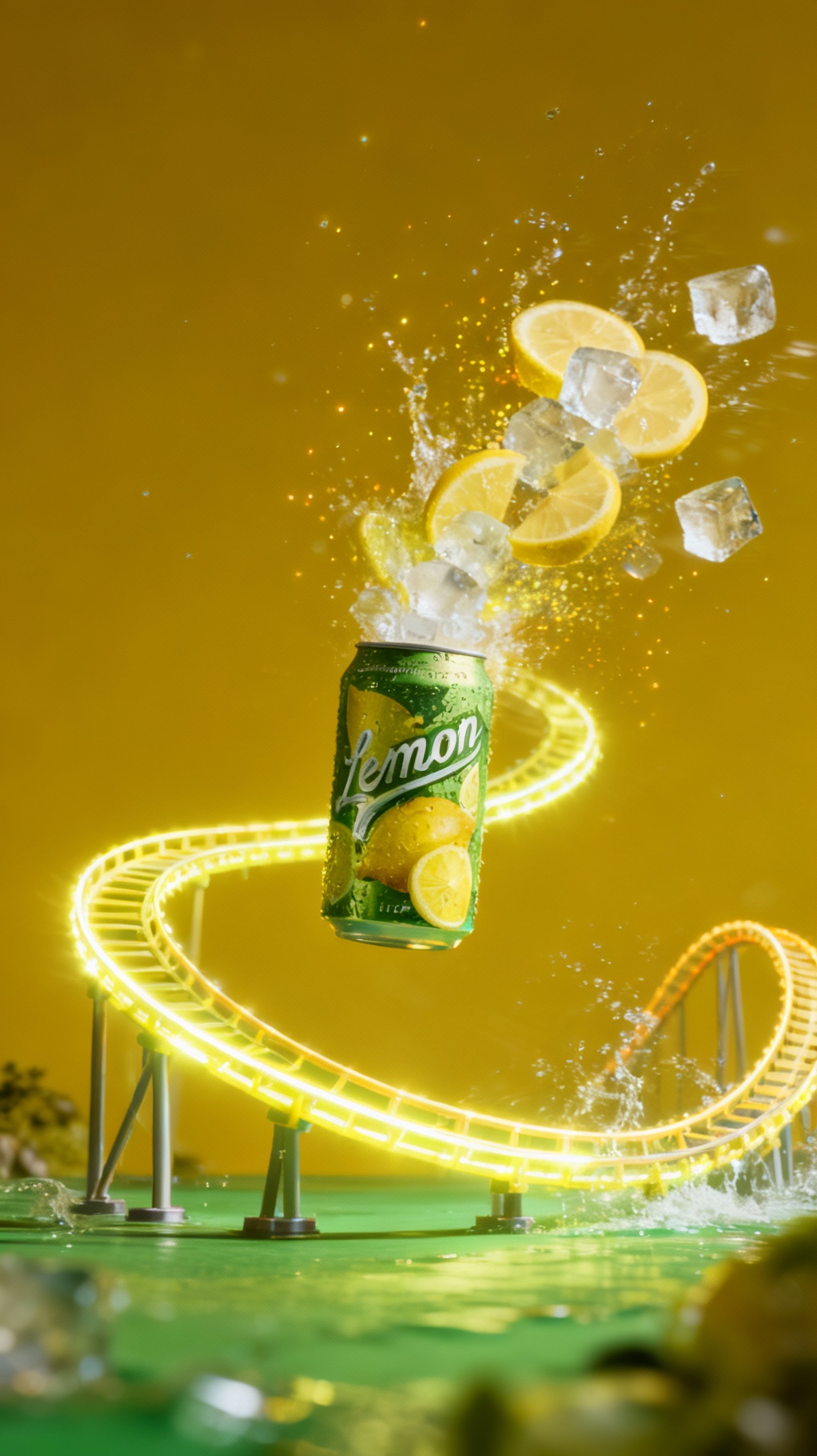 Storyboard 4: Magical transition with lemon slices and ice cubes bursting from can, forming glowing roller coaster track in surreal space