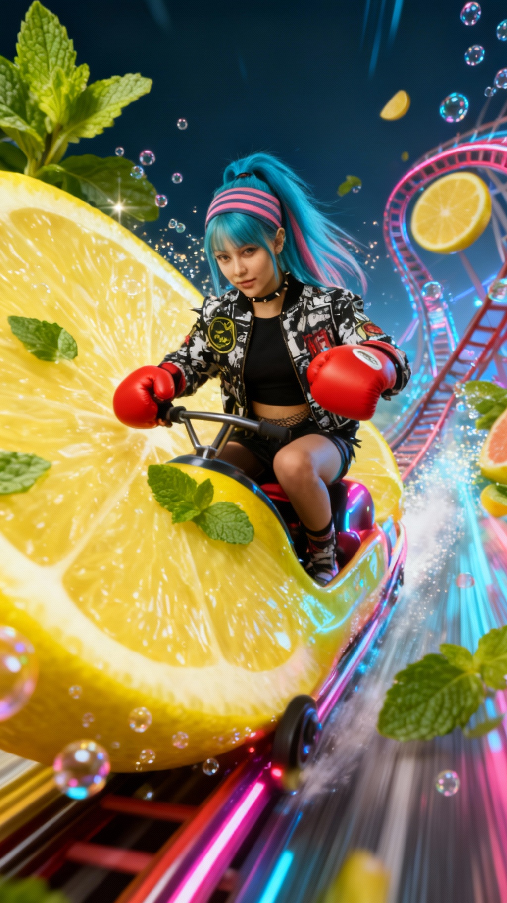 Storyboard 5: Riding through fantastical fruit roller coaster with dynamic motion, surrounded by giant lemon slices and sparkling bubbles